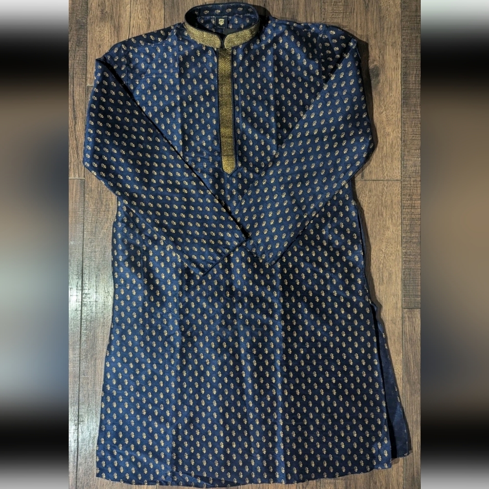 Men's Navy Blue Kurta with Gold Motif and Gold Trim
